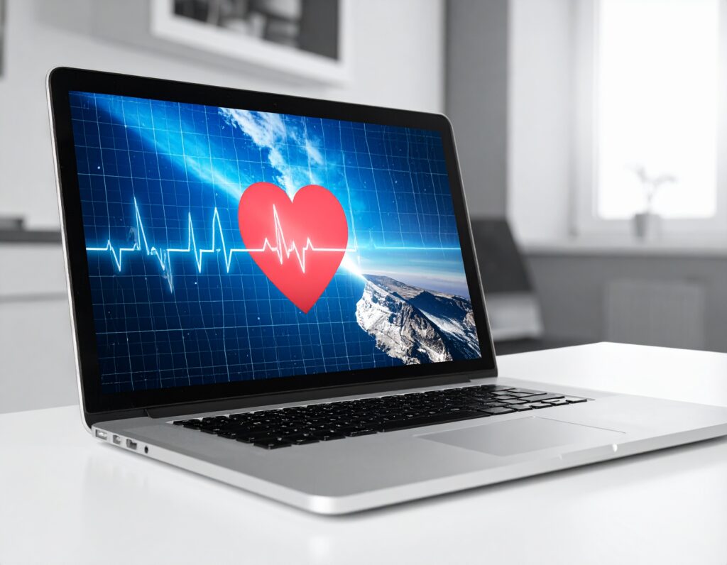 Laptop with heart and vital signs on the screen